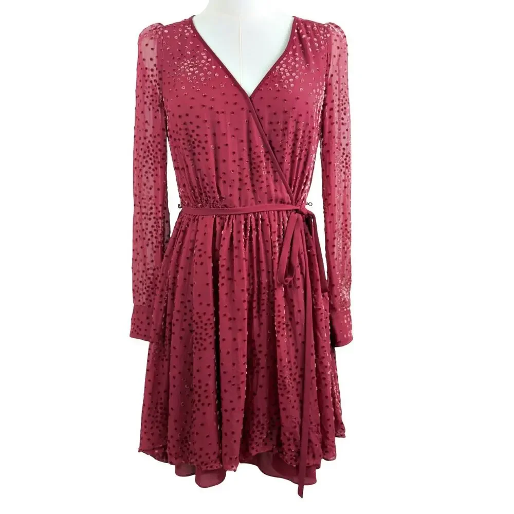 Kate Spade Festive Confetti Maroon Devore Long Sleeve Lined Mini Dress Sz 2